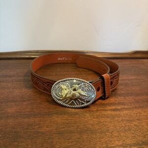 Nocona Brown Leather Belt Bull Riding Two Tone Belt Buckle Size 24 Western Rodeo